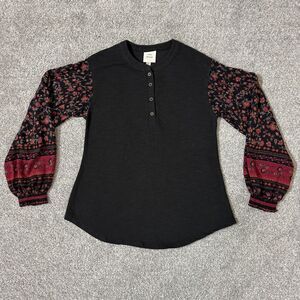 Knox Rose Shirt Womens XS Black Floral Boho Mixed Media Henley Hippie Western